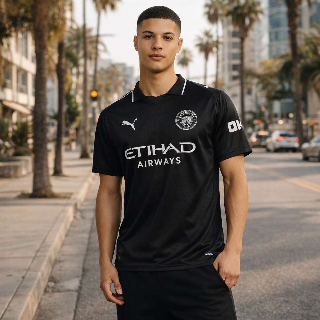 Manchester City 25/26 Away Edition – Black & Silver Polo Jersey